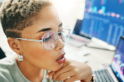 Buy stock photo Computer, investment and face of business woman reading IPO analytics, financial bank numbers or accounting info. Trade investor, administration data analysis and corporate person monitor statistics