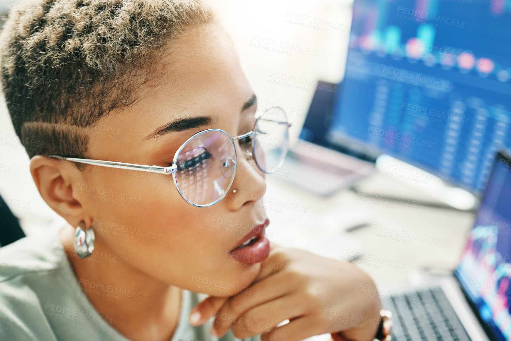 Buy stock photo Computer, investment and face of business woman reading IPO analytics, financial bank numbers or accounting info. Trade investor, administration data analysis and corporate person monitor statistics