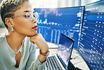 Business woman, laptop and thinking on stock market in fintech, trading or online finance at office. Female person, broker or financial investor looking at cryptocurrency or exchange on computer