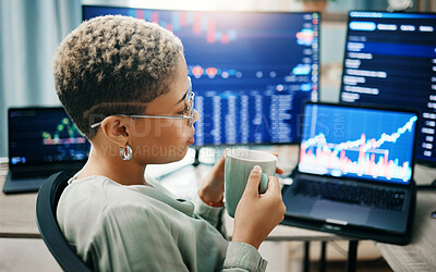 Buy stock photo Computer screen, office and business woman thinking of stock market trading, investment and monitor economy analytics. Fintech, financial admin data and profile of trader problem solving IPO solution