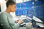 Laptop, investment graphs and business woman analysis, scroll or reading accounting value, info or stocks trade. Equity price, financial admin data and profile of investor review NFT exchange stats