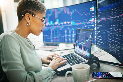 Buy stock photo Laptop, investment graphs and business woman analysis, scroll or reading accounting value, info or stocks trade. Equity price, financial admin data and profile of investor review NFT exchange stats