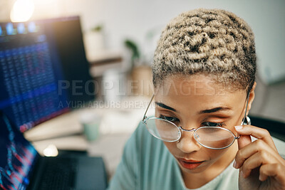 Buy stock photo Computer glasses, stock market and business woman face reading statistics, investment data, trading analytics. Admin monitor, economy metrics and broker analysis, research and review financial trade