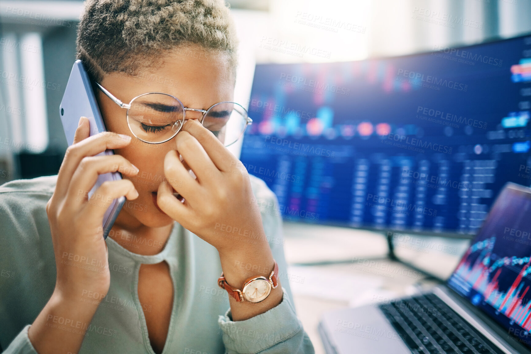 Buy stock photo Frustrated woman, phone call and headache in trading, fail or mistake from stock market crash at office. Broker in debt, stress or anxiety listening on smartphone to angry client after bad investment