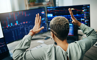 Buy stock photo Woman stress, computer screen and stock market crash, trading mistake or bankruptcy crisis, debt or fail. Back of business trader, frustrated for online statistics, data analytics or wrong investment