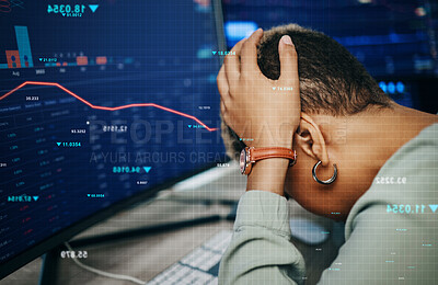 Buy stock photo Trader, stress and stock market overlay, computer screen and trading mistake, bankruptcy or finance crisis, Sad business person with headache or depression, cryptocurrency fail and red graph for risk