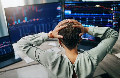 Buy stock photo Woman headache, computer screen and stock market crash, trading mistake or bankruptcy crisis, debt or fail. Back of business trader with stress for web statistics, data analytics and wrong investment