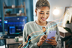 Woman, phone and trading in double exposure, stock market investment and profit, sales or growth at home office. Trader or african entrepreneur on mobile app for finance, statistics and data overlay