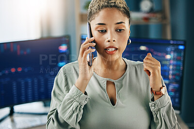 Buy stock photo Business woman, serious phone call and stock market worker in office with financial work and conversation. Laptop, African female professional and employee with finance communication and talk at job