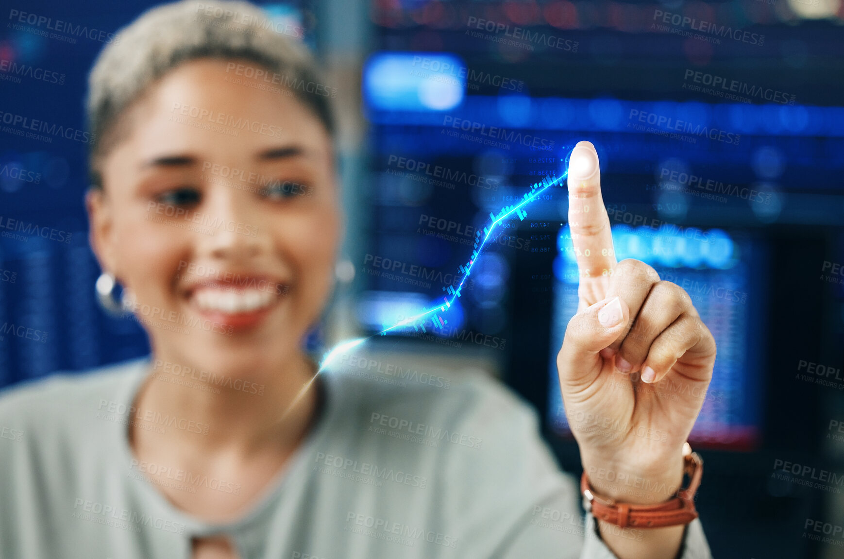 Buy stock photo Woman, finger and network hologram of data analytics, software development or information technology at night. African person in IT or tech business and hand on digital, 3d screen for blue connection