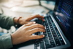 Business person, hands and typing on laptop for stock market, trading or cryptocurrency at office. Closeup of broker, trader or employee working on computer in online finance or investing on desk