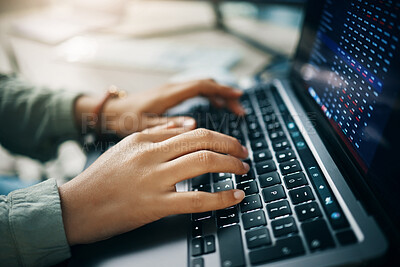 Buy stock photo Business person, hands and laptop for stock market, trading or typing in cryptocurrency at office. Closeup of broker, trader or employee working on computer in online finance or investing on desk