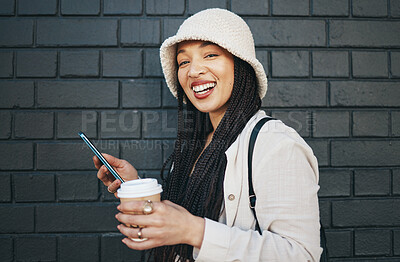 Buy stock photo Portrait of happy woman with phone, brick wall and urban fashion, social media chat and internet meme. Streetwear, gen z girl or online influencer with smartphone, smile and communication with coffee