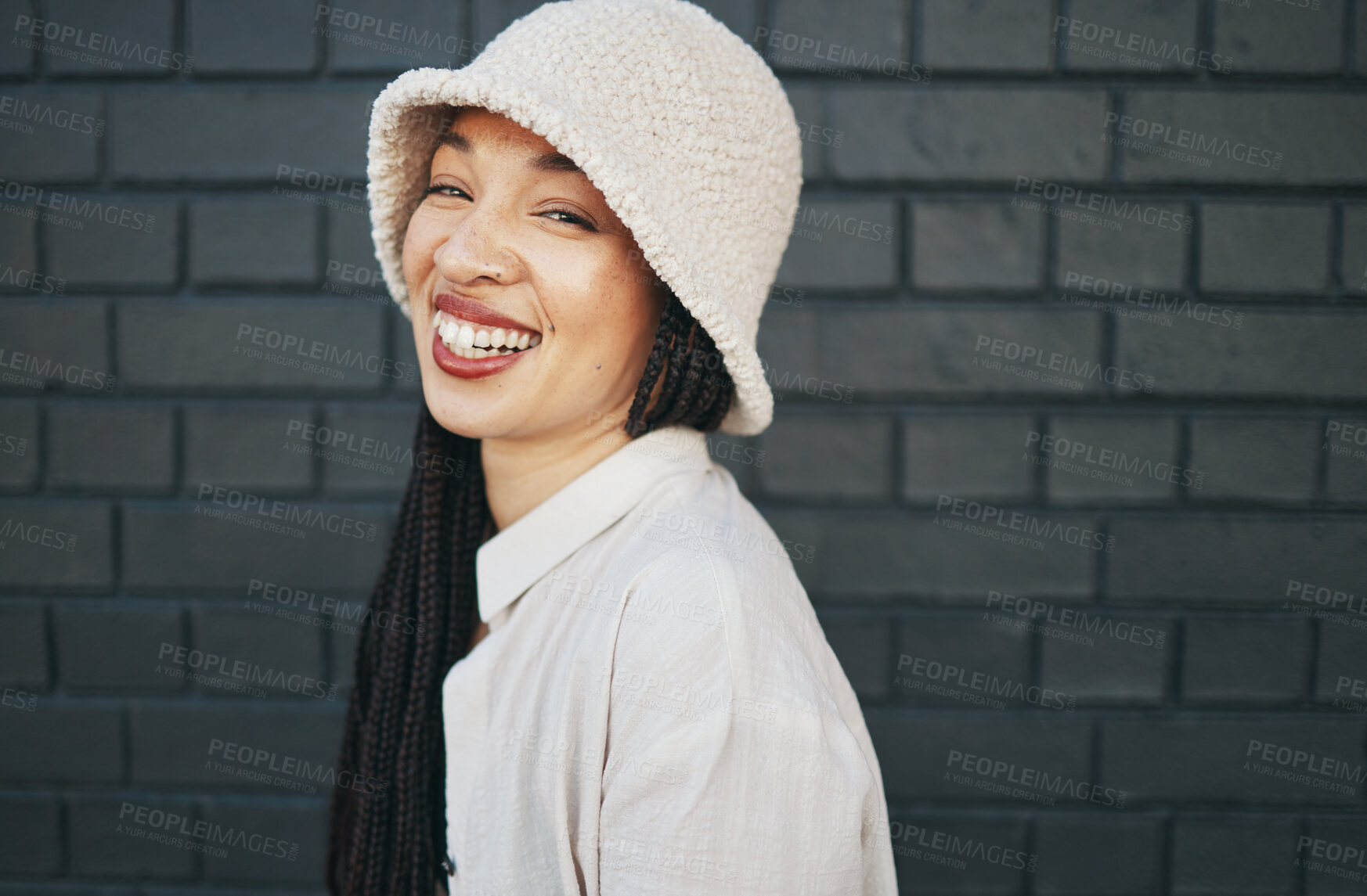 Buy stock photo Happy, fashion and portrait of woman in city with trendy clothes, accessories and style with smile. Travel, beauty and person on wall background outdoors for holiday, vacation and weekend in town