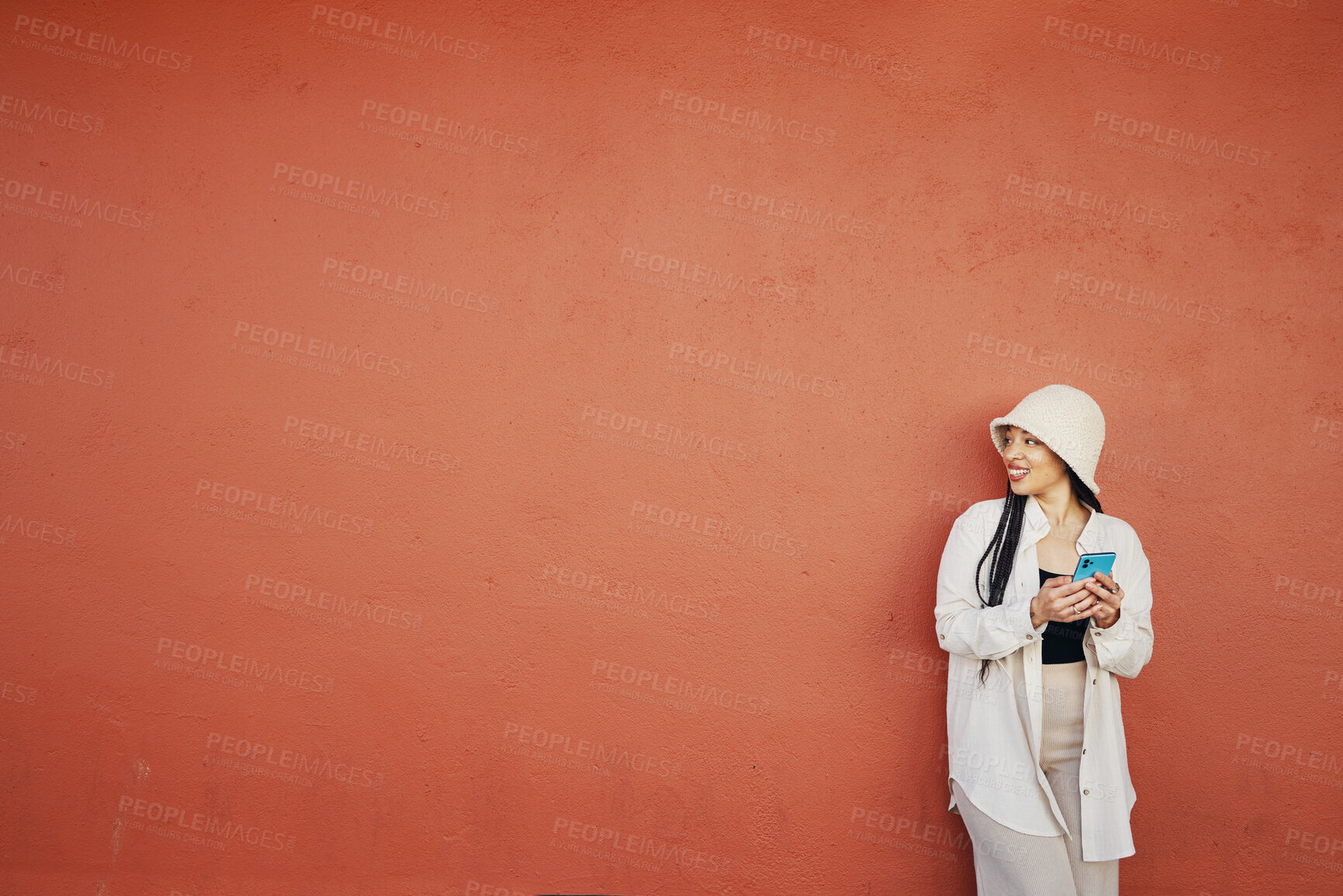 Buy stock photo Mockup, smile and woman with phone in city for travel, freedom or location guide on orange background. Smartphone, app and lady fashion influencer outdoor on social media, blog or podcast content