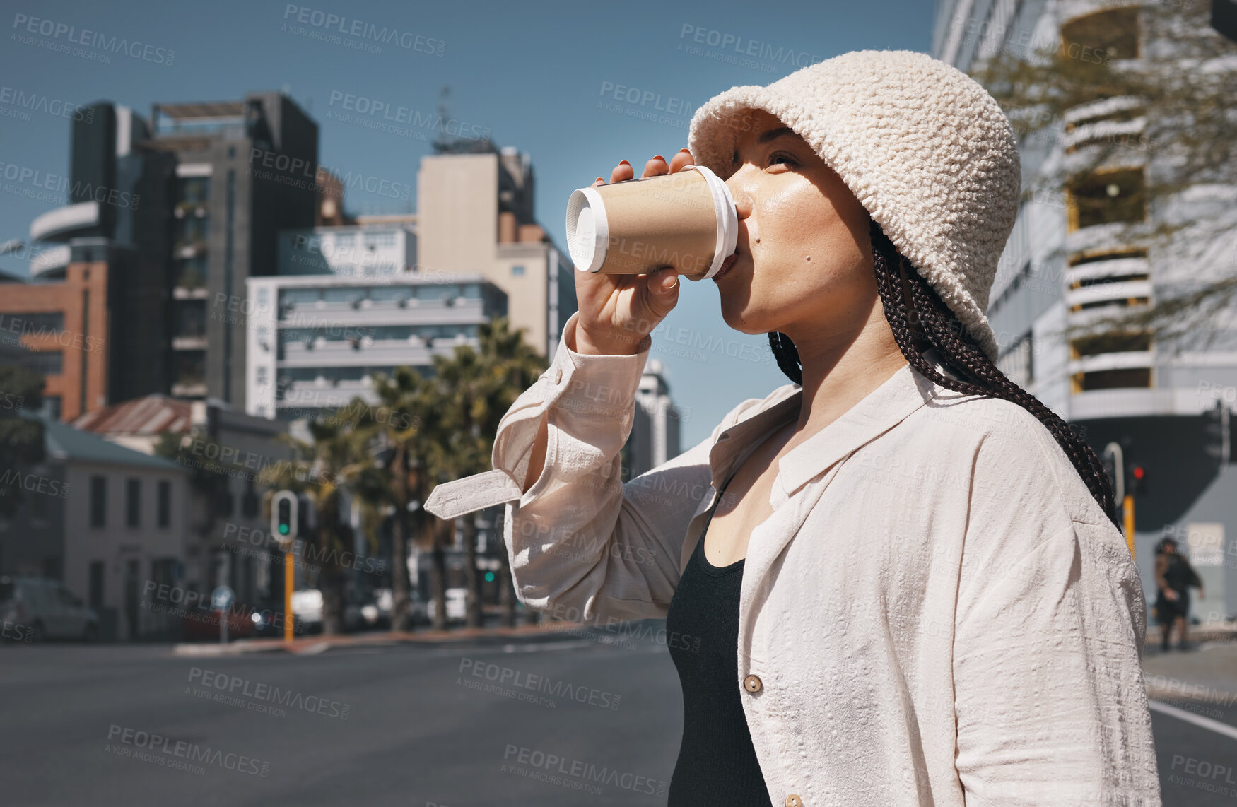 Buy stock photo Coffee, travel and woman drink in city with trendy clothes for commute, walking and adventure. Relax, student and person with beverage, drinking and tea in town street for holiday, break and weekend