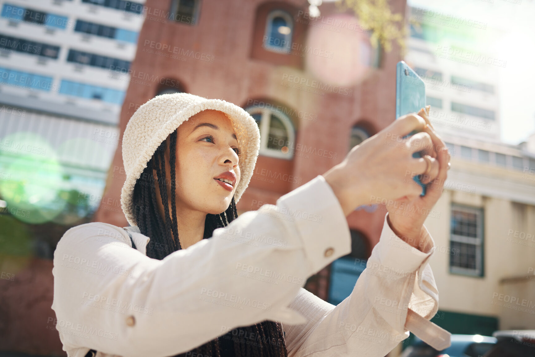 Buy stock photo Woman on street with phone, live streaming in city and travel holiday blog for social media update. Influencer, streamer or gen z girl with urban fashion, smartphone and memory for content creation.