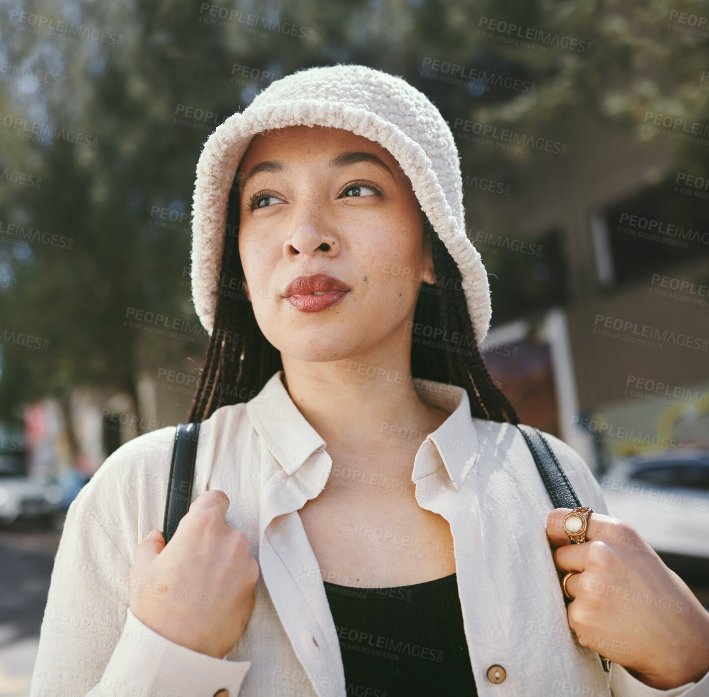 Buy stock photo Woman, thinking closeup and gen z fashion in city with travle and freedom from urban adventure in New York. Female teenager relax, streetwear and backpack and outdoor on a journey in town on a trip