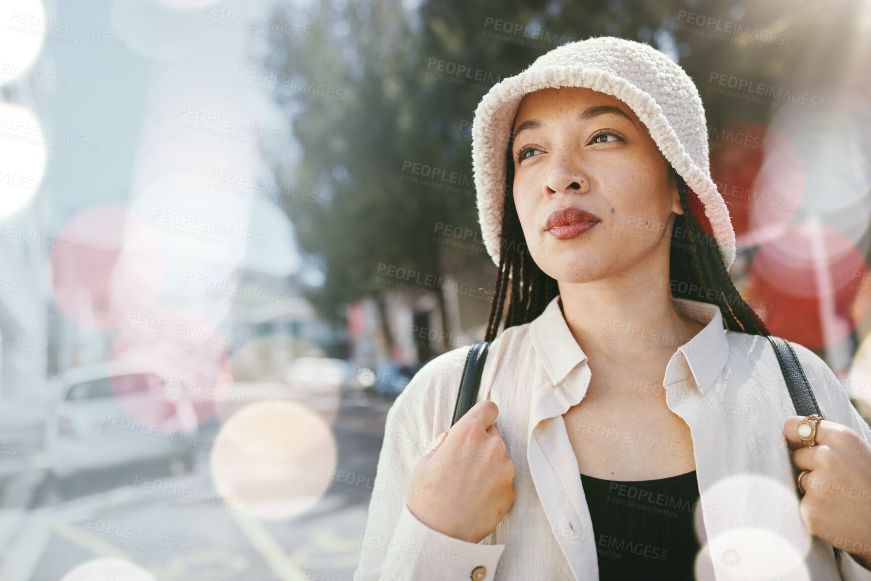 Buy stock photo Thinking, fashion and woman in city on bokeh to travel, freedom and adventure. Dream, style and person in urban town on journey, trip or vision of idea for tourist on summer holiday in street outdoor