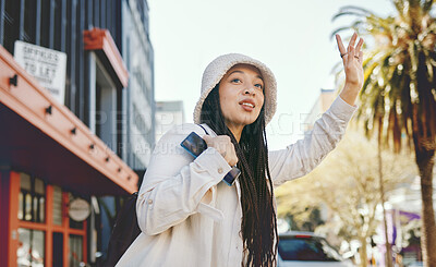 Buy stock photo Road, road and woman wave for taxi with travel, commute and ride in New York. Vacation, city street and urban with a female person with traveling and vacation on a trip for holiday adventure