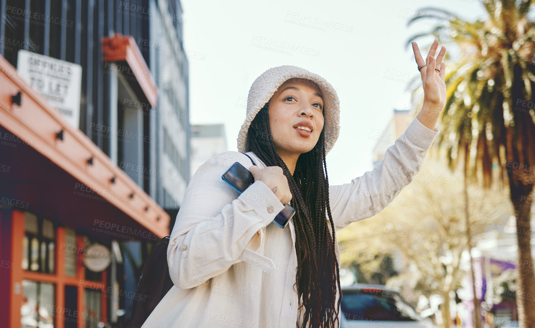 Buy stock photo Road, road and woman wave for taxi with travel, commute and ride in New York. Vacation, city street and urban with a female person with traveling and vacation on a trip for holiday adventure