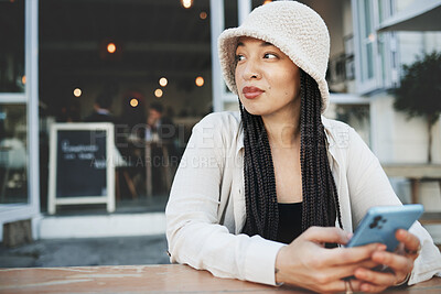 Buy stock photo Woman, thinking and phone for communication, network and internet chat with technology or connectivity. Smartphone, person and connection or online scroll for information, conversation and texting 