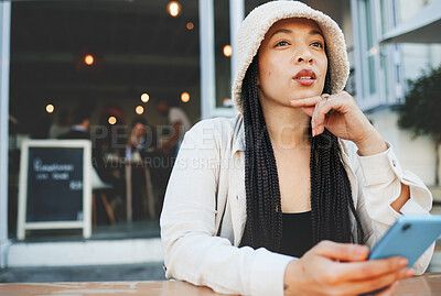 Buy stock photo Woman, thinking and phone for communication, social media and internet chat with technology or connectivity. Smartphone, person and connection or online scroll for information, conversation and text 