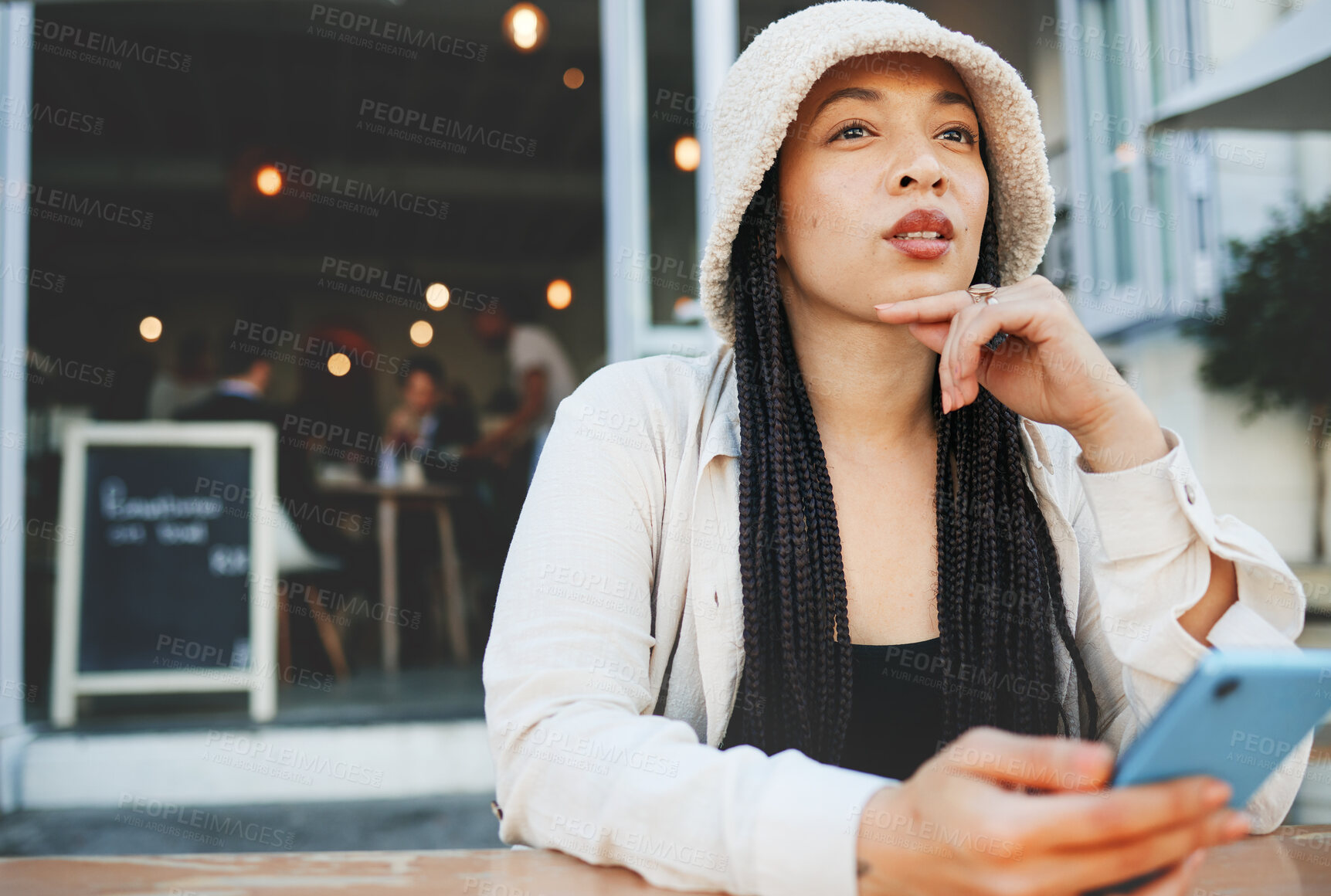 Buy stock photo Woman, thinking and phone for communication, social media and internet chat with technology or connectivity. Smartphone, person and connection or online scroll for information, conversation and text 