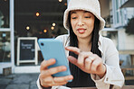 Travel, student and woman with phone at a cafe for social media, texting or chatting in a city. Smartphone, app and lady influencer at coffee shop for content creation, podcast or traveling blog post