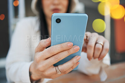 Buy stock photo Phone, woman and hand with bokeh for communication, social network and internet chat with technology. Smartphone, person and connection or online scroll for information, conversation and texting 