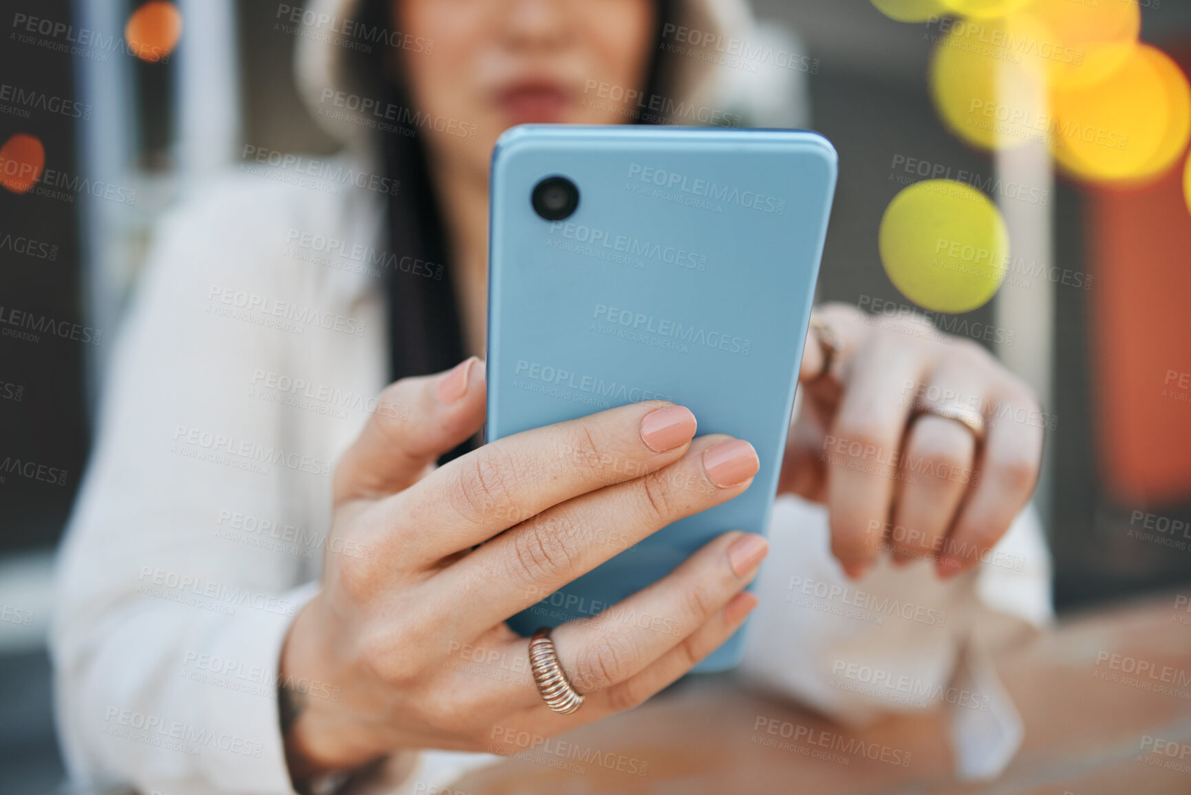 Buy stock photo Phone, woman and hand with bokeh for communication, social network and internet chat with technology. Smartphone, person and connection or online scroll for information, conversation and texting 