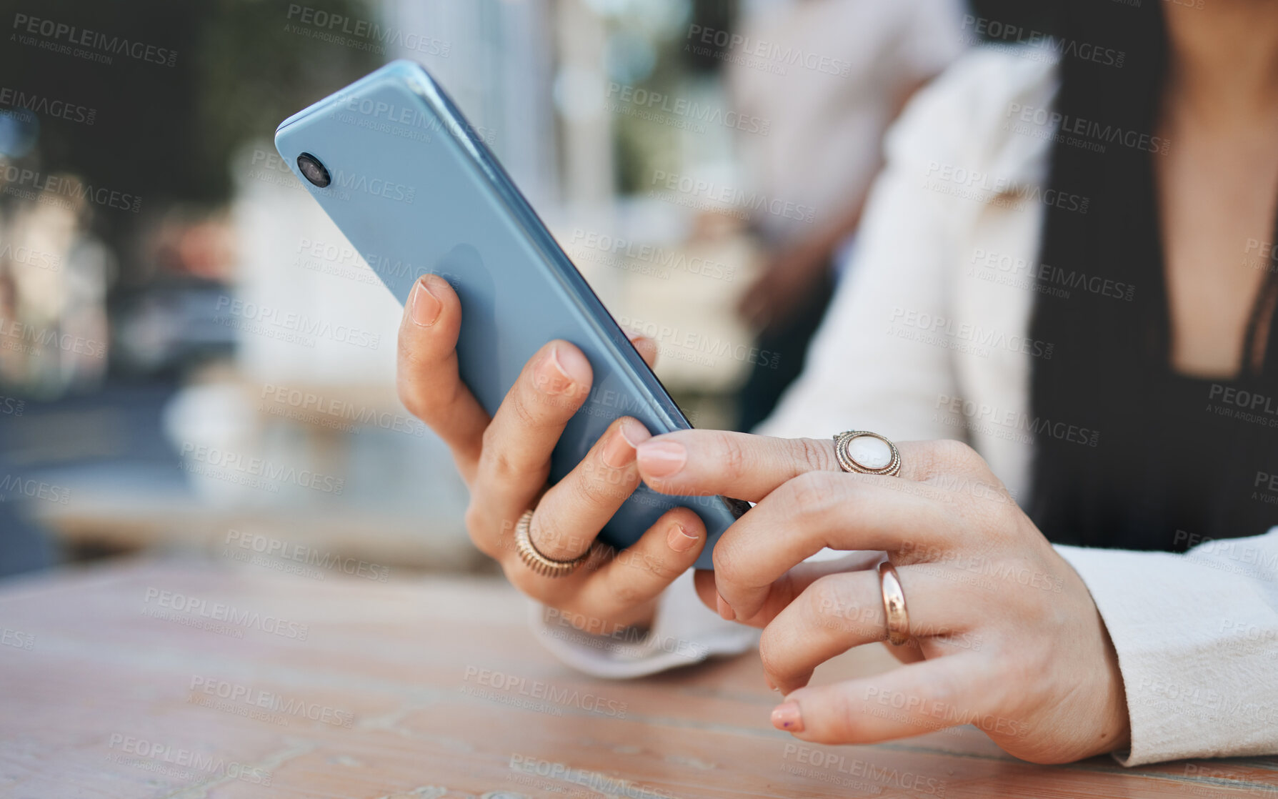 Buy stock photo Woman, phone and hand with bokeh for communication, social network and internet chat with technology. Smartphone, person and connection or online scroll for information, conversation and texting 