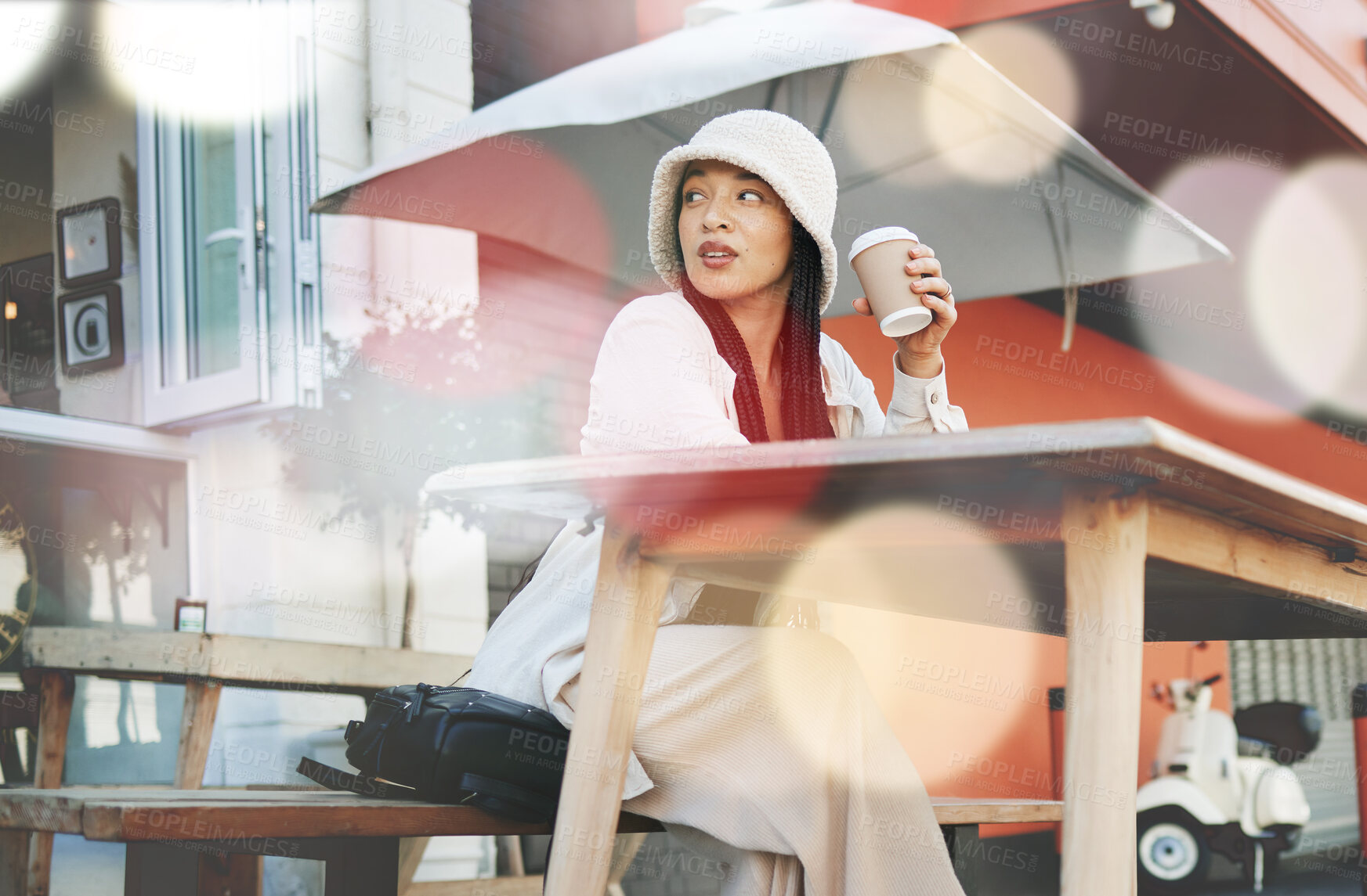 Buy stock photo Outdoor, coffee shop and woman relax with drink at cafe, restaurant or patio at bistro with gen z in streetwear or urban fashion. City, style and trendy girl drinking cappuccino in cup with bokeh