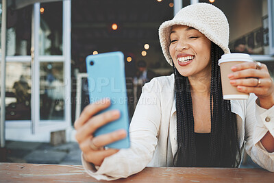 Buy stock photo Phone, selfie and woman with a coffee in the city at a cafe on a weekend adventure with happiness. Smile, fun and young female person drinking latte and taking a picture on cellphone outdoor in town.