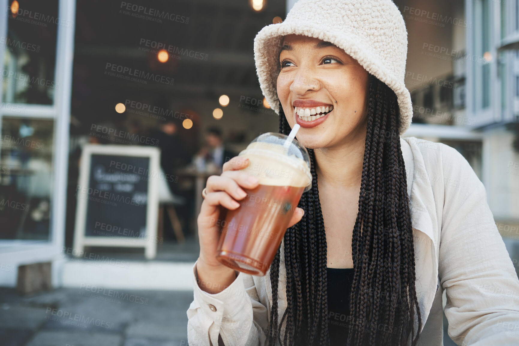 Buy stock photo Happy woman, smoothie and smile outdoor at a restaurant and drink from cafe. Milkshake, coffee shop and gen z fashion of a female person relax with drinking from a straw on break on diner patio