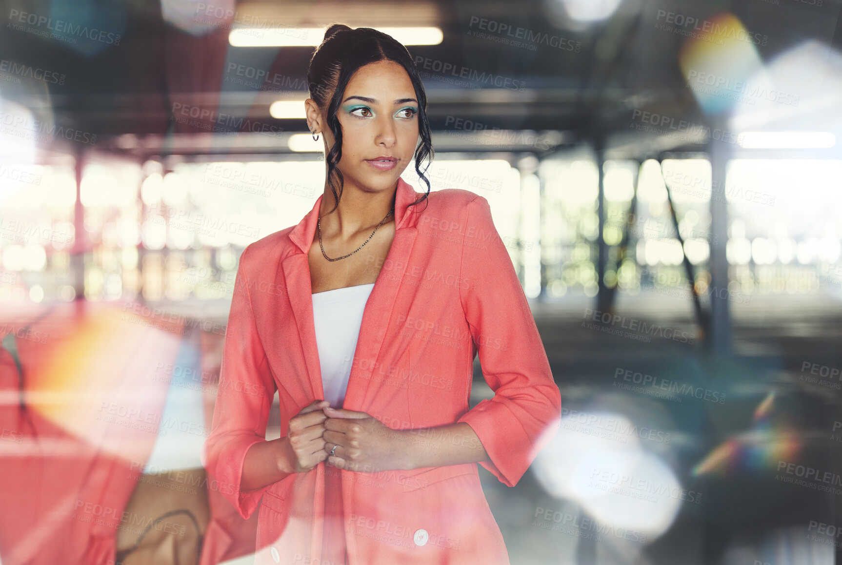 Buy stock photo Business woman, corporate fashion and thinking in the city with entrepreneur and ideas. Female professional, lawyer style and lens flare with confidence and morning commute in urban parking lot