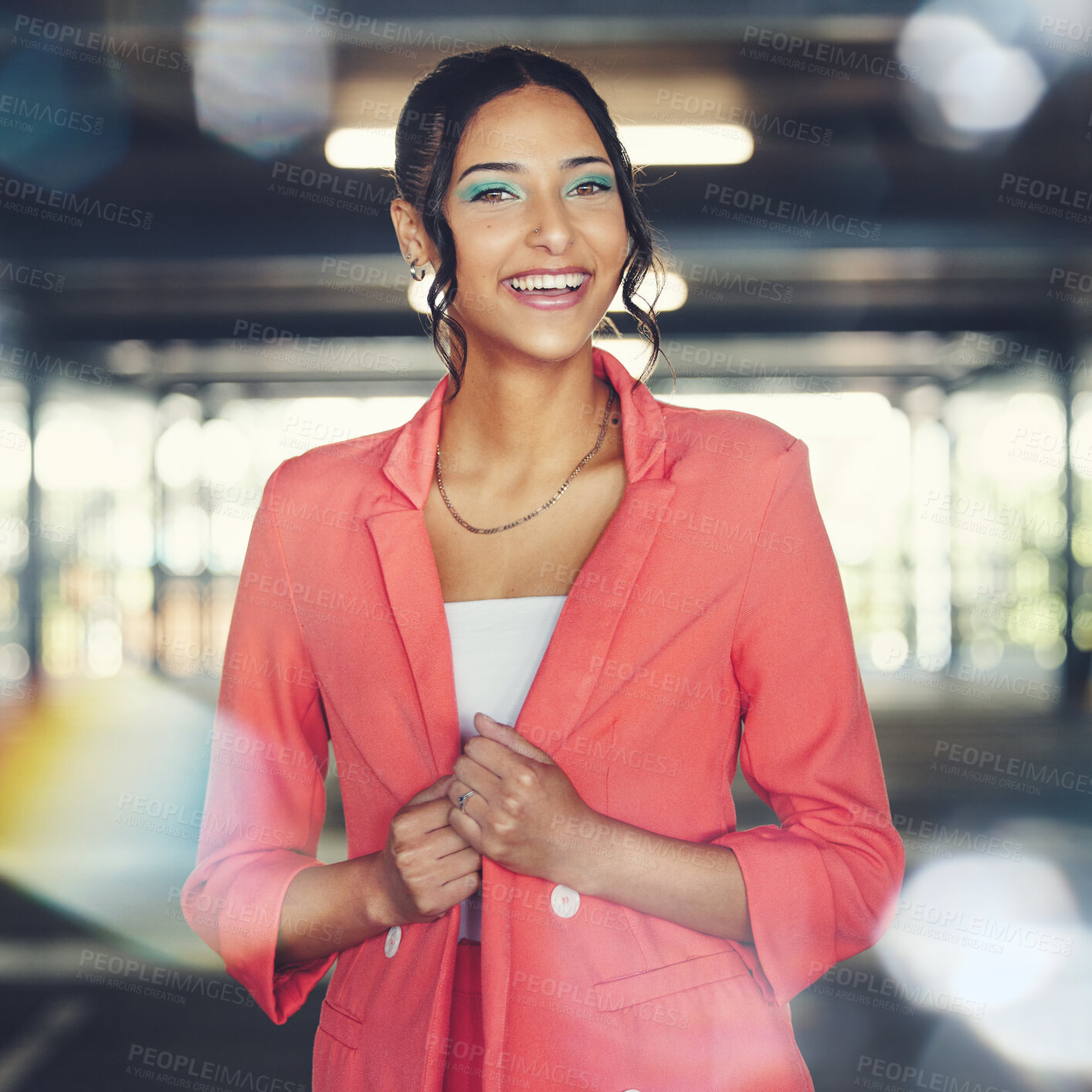 Buy stock photo Business woman, corporate fashion and portrait in the city with happy smile and ideas. Female professional, lawyer style and lens flare with confidence and morning commute in urban parking lot