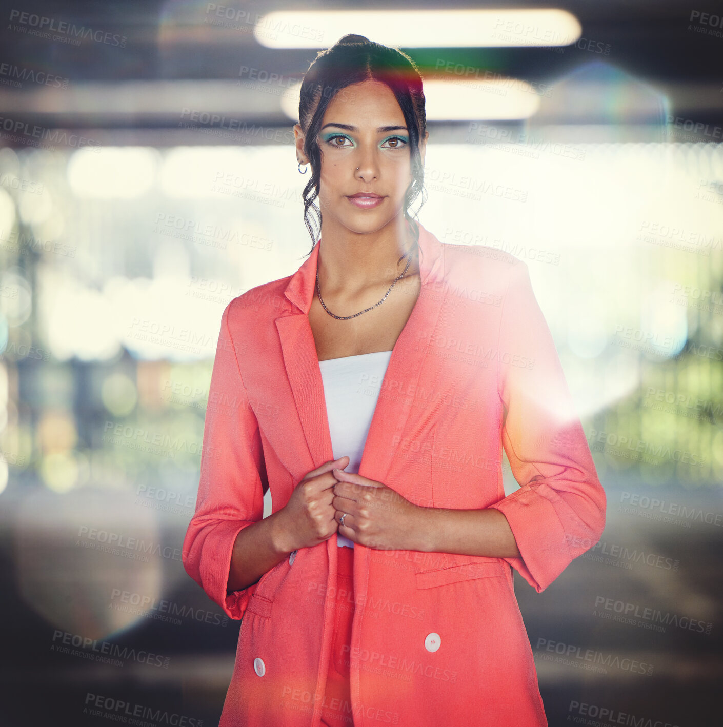 Buy stock photo Business woman, corporate portrait and job in the city with entrepreneur and career pride. Female professional, lawyer style and lens flare with confidence and morning commute in urban parking lot