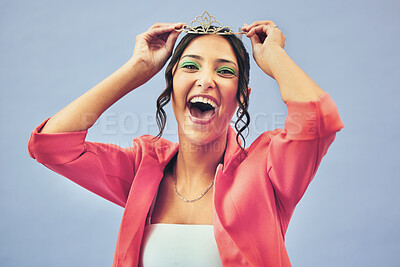 Buy stock photo Fashion, excited and portrait of woman with crown in studio for glamour, luxury and winning prize. Beauty, wow and person with tiara for princess pageant, winner and cosmetics on purple background