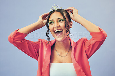 Buy stock photo Beauty, excited and woman with crown in studio for glamour, luxury and winning prize. Fashion, wow and isolated person with tiara for princess winner, pageant and cosmetics on purple background