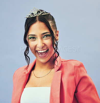 Buy stock photo Princess, beauty and portrait of woman with crown in studio for glamour, luxury and winning prize. Excited, wow and person with tiara for fashion pageant, winner and cosmetics on purple background