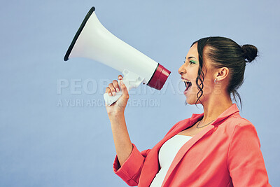 Buy stock photo Megaphone, speech and woman shouting in studio with news, discount or beauty sale on blue background. Speaker, noise and female model with bullhorn announcement for cosmetic, giveaway or makeup prize