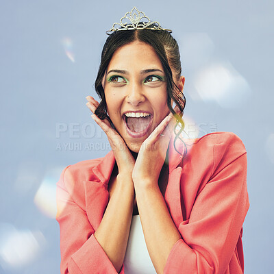 Buy stock photo Wow, beauty and portrait of woman with crown in studio for glamour, luxury and winning in glitter. Fashion, excited and person in tiara for princess pageant, winner and cosmetics on purple background