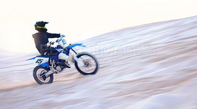 Buy stock photo Motorbike, desert and fast man training for sports, motion blur or travel journey outdoor. Motorcycle, speed and driver on sand, dirt and off road for freedom, race challenge and extreme competition 