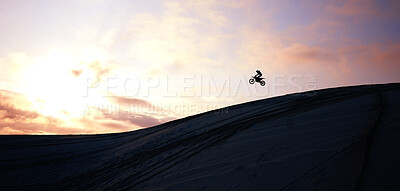 Buy stock photo Jump, person and motorcycle for training or sports with fitness, balance or challenge in nature on mock up space and sky. Bike, freedom and adventure for competition, exercise or talent in desert