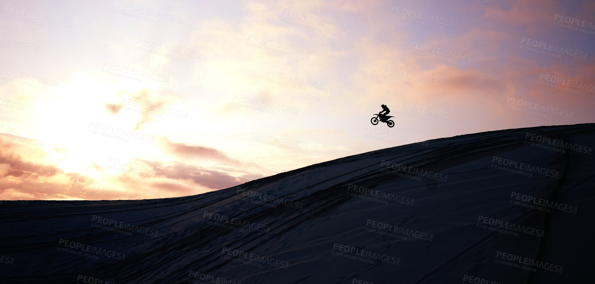 Buy stock photo Jump, person and motorcycle for training or sports with fitness, balance or challenge in nature on mock up space and sky. Bike, freedom and adventure for competition, exercise or talent in desert