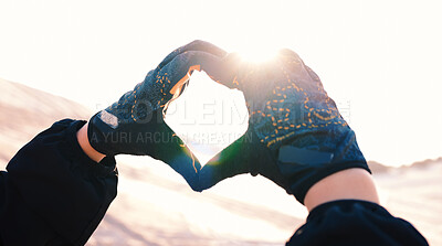 Buy stock photo Heart, love and health with hands of person in nature for support, wellness and kindness. Wellness, hope and awareness symbol with closeup of emoji sign in outdoor for inspiration, icon and peace