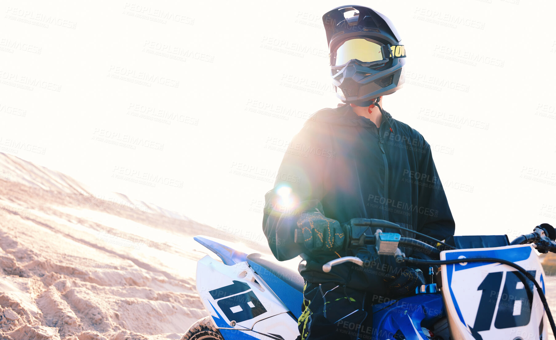 Buy stock photo Ready, sand or sports athlete on motorcycle for action, adventure or fitness with wellness, or adrenaline. Thinking, view or free driver on motorbike on dunes in training, exercise or race challenge