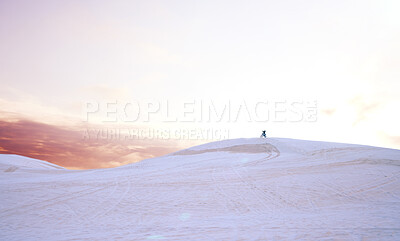 Buy stock photo Sand, success or athlete driving motorcycle for goal, adventure or fitness with a winning performance. Winner, sports or champion on motorbike on dunes hill for achievement, target or race challenge