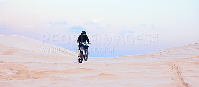 Buy stock photo Rally, desert or athlete driving motorcycle for action, adventure or fitness with performance or adrenaline. Sand, sports or person on motorbike on dunes for training, exercise or race or challenge